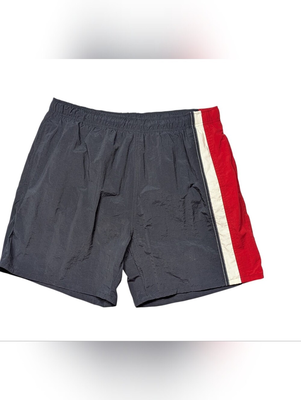 90s Bill Blass Navy Swim Shorts with Red & White Side Stripe Size Large